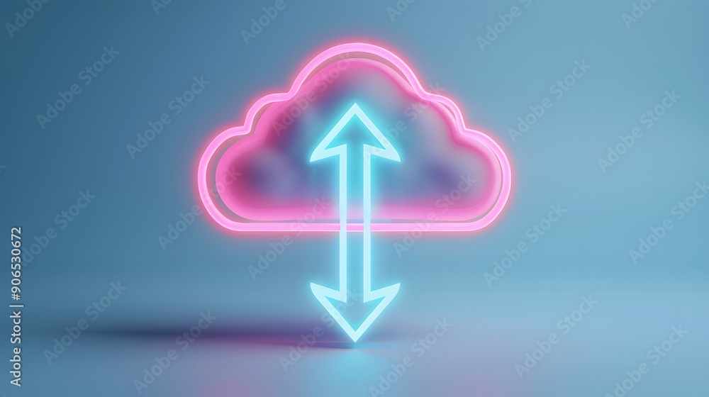 Neon cloud icon with up and down arrows symbolizing cloud computing, data upload, and download on a blue background. Neon cloud icon with up and down arrows symbolizing cloud computing, data upload, and download on a blue background.
