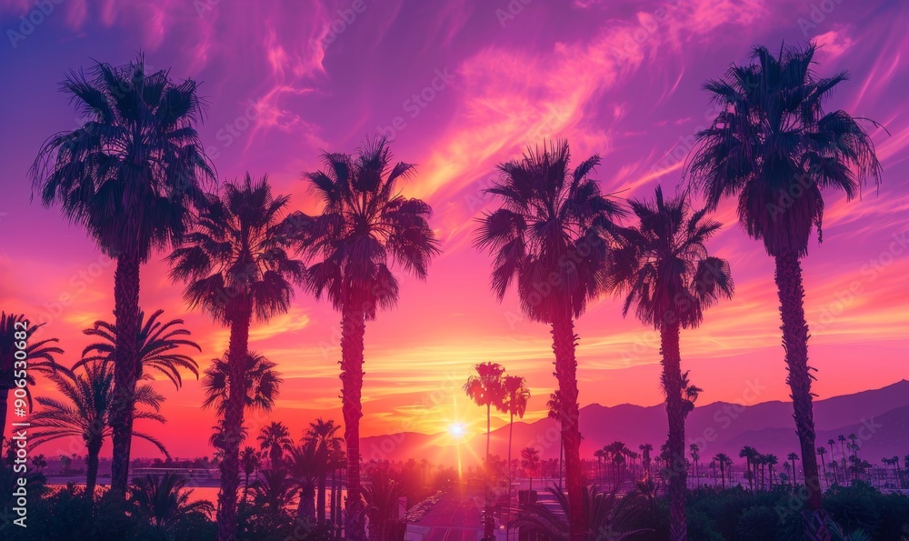 Palm trees framed by purple and pink shades of sunset create an incredible sight, Generative AI Palm trees framed by purple and pink shades of sunset create an incredible sight, Generative AI