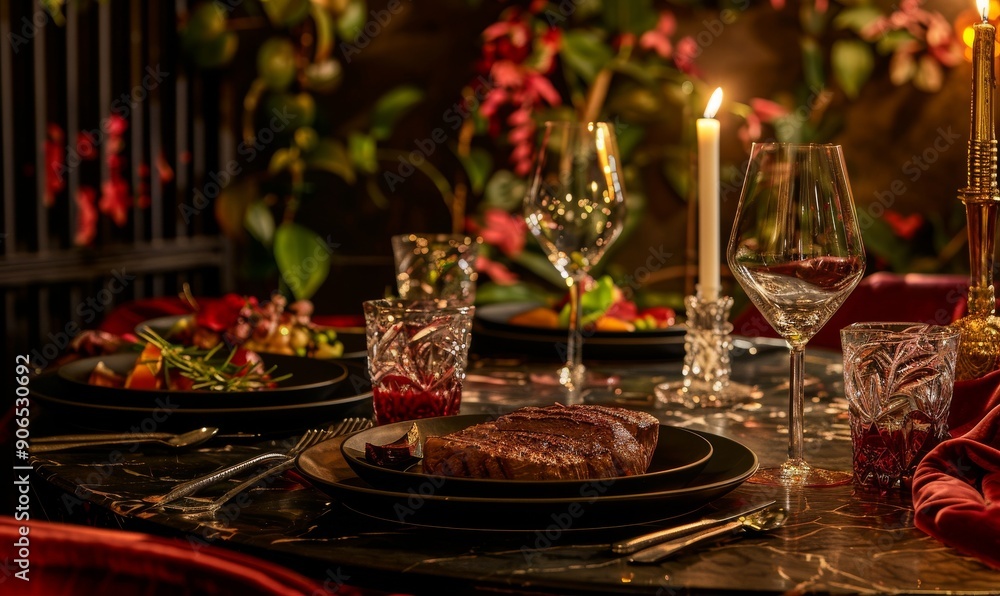 romantic dinner setting with steak and wine, capturing the essence of Valentine's Day celebration. The table is elegantly set with black plates, silverware, red flowers in vases romantic dinner setting with steak and wine, capturing the essence of Valentine's Day celebration. The table is elegantly set with black plates, silverware, red flowers in vases