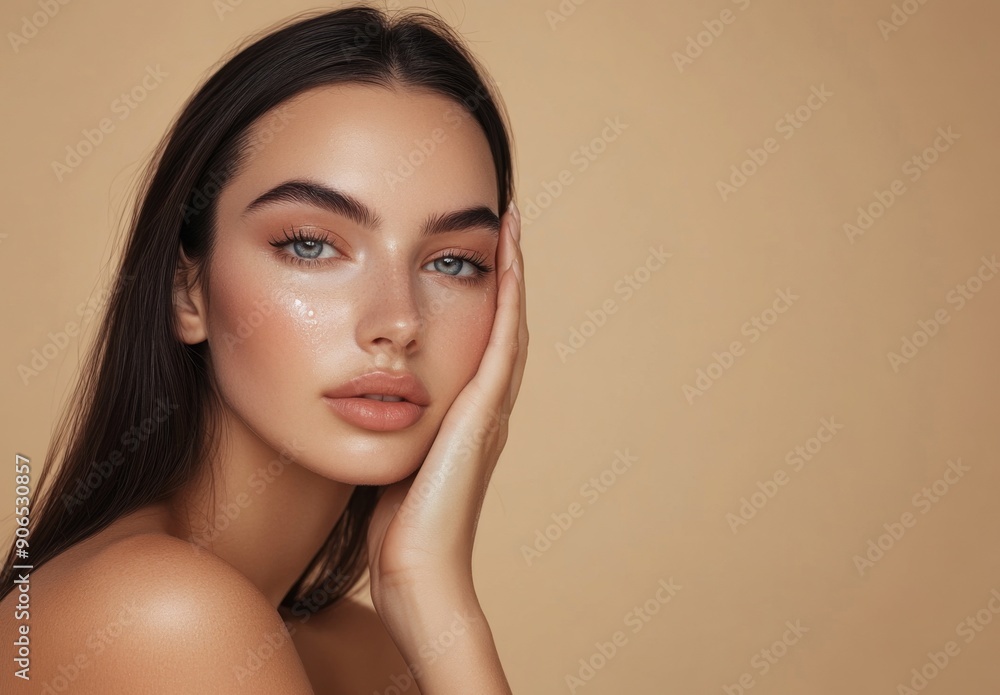 A beautiful female model with a fresh skin tone, posing for the camera over a beige background, close up shot, professional photoshoot A beautiful female model with a fresh skin tone, posing for the camera over a beige background, close up shot, professional photoshoot