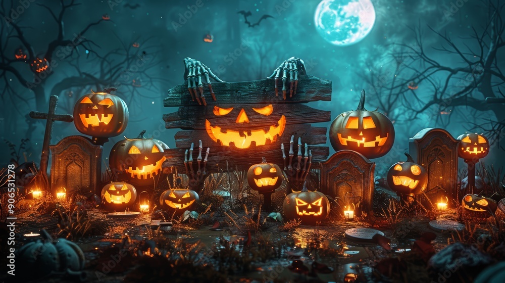 A spooky Halloween scene with jack-o'-lanterns, a full moon, and a graveyard. Perfect for your spooky October projects!