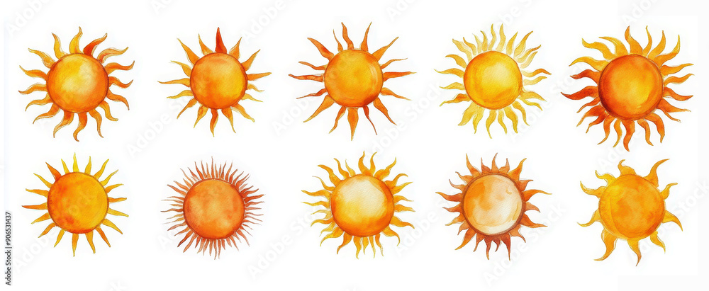 Set of watercolor suns isolated on a white background Set of watercolor suns isolated on a white background