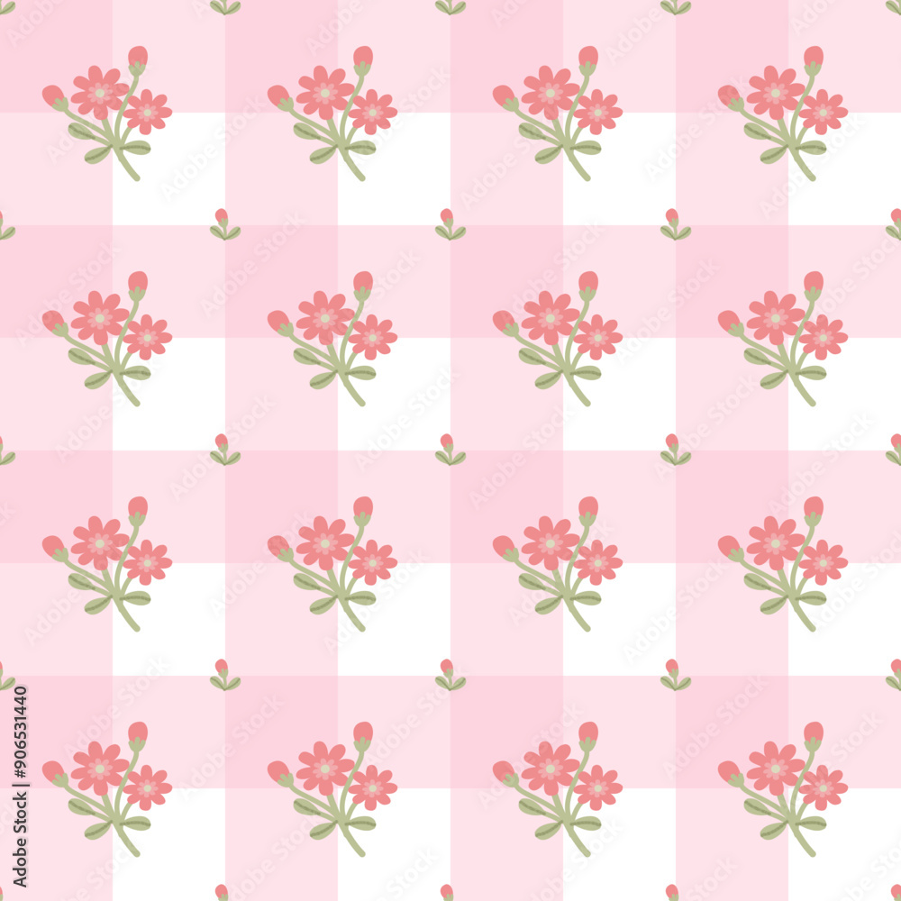 Vector pattern of fabric, wallpaper, wrapping paper. It is continuous and can be made in any size and repeated. The cute style is a pink plaid pattern with cute flowers. Vector pattern of fabric, wallpaper, wrapping paper. It is continuous and can be made in any size and repeated. The cute style is a pink plaid pattern with cute flowers.
