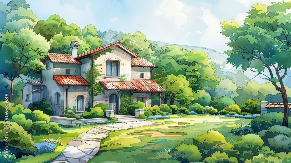 Fototapeta premium A charming cottage with a red tile roof nestled in a lush green landscape. A stone path leads to the front door.