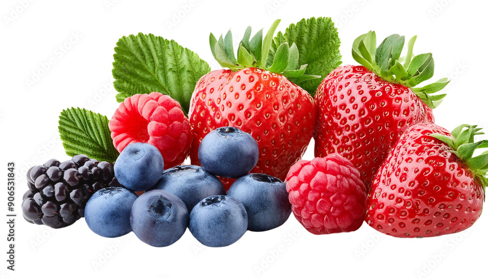 A vibrant assortment of fresh berries, including strawberries, blueberries, raspberries, and blackberries, garnished with green leaves. A vibrant assortment of fresh berries, including strawberries, blueberries, raspberries, and blackberries, garnished with green leaves.