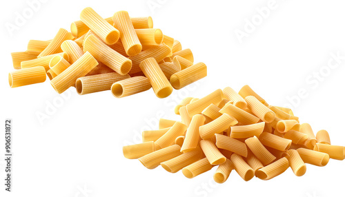 A vibrant display of uncooked rigatoni pasta, perfect for culinary projects and food photography showcasing Italian cuisine.