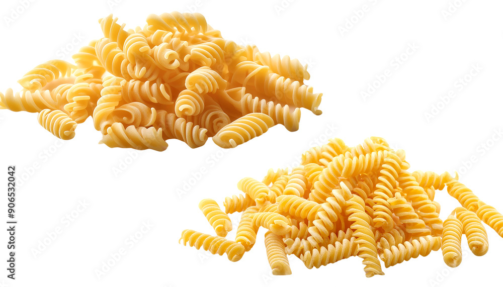 Delicious curly pasta arranged in two separate piles, perfect for any culinary creation or food styling. Delicious curly pasta arranged in two separate piles, perfect for any culinary creation or food styling.