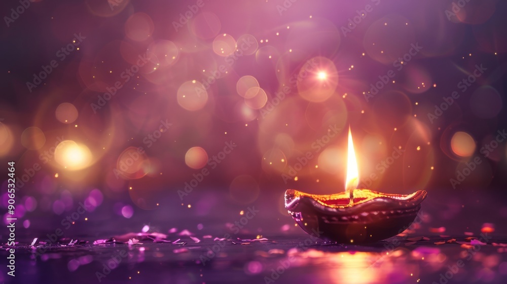 A lit clay oil lamp, bathed in soft light, creates a serene and festive atmosphere, perfect for Diwali celebrations. A lit clay oil lamp, bathed in soft light, creates a serene and festive atmosphere, perfect for Diwali celebrations.
