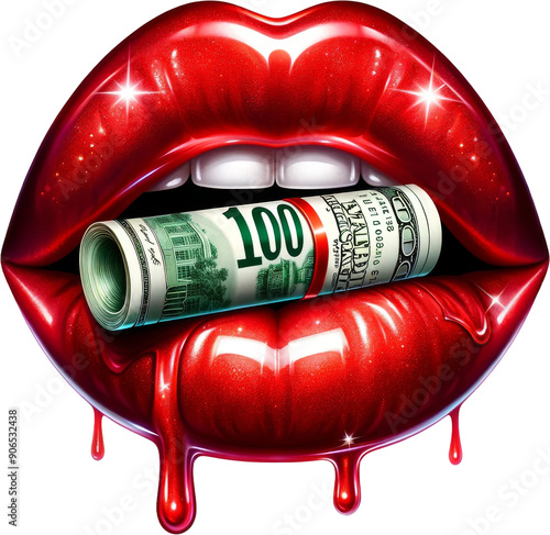 A red lip with a 100 dollar bill in it. The image is a creative and bold statement about money and beauty