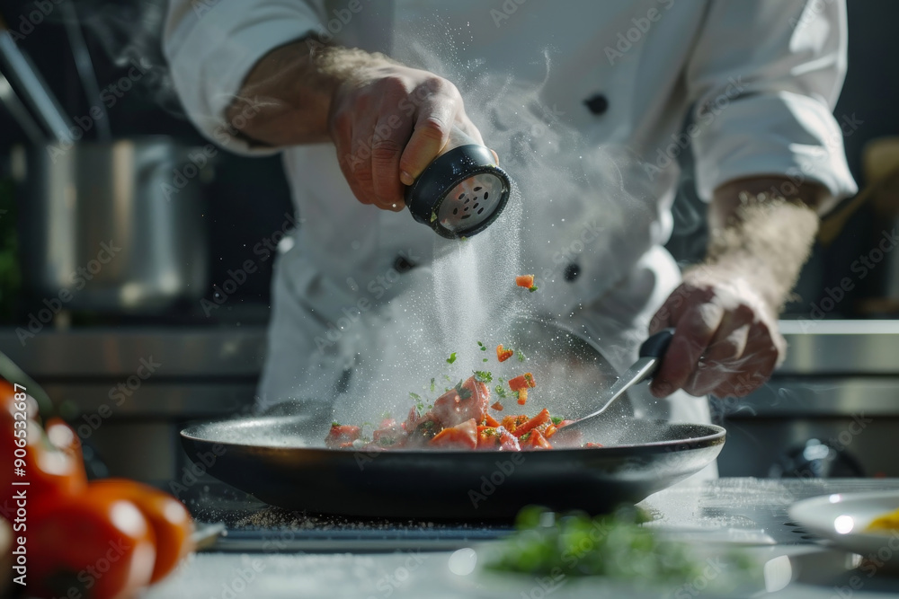 A chef skillfully seasons a sizzling dish with fresh herbs, steam rising in a bustling kitchen, showcasing culinary expertise. A chef skillfully seasons a sizzling dish with fresh herbs, steam rising in a bustling kitchen, showcasing culinary expertise.