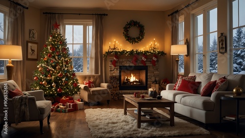 A cozy living room decorated for Christmas with a lit fireplace