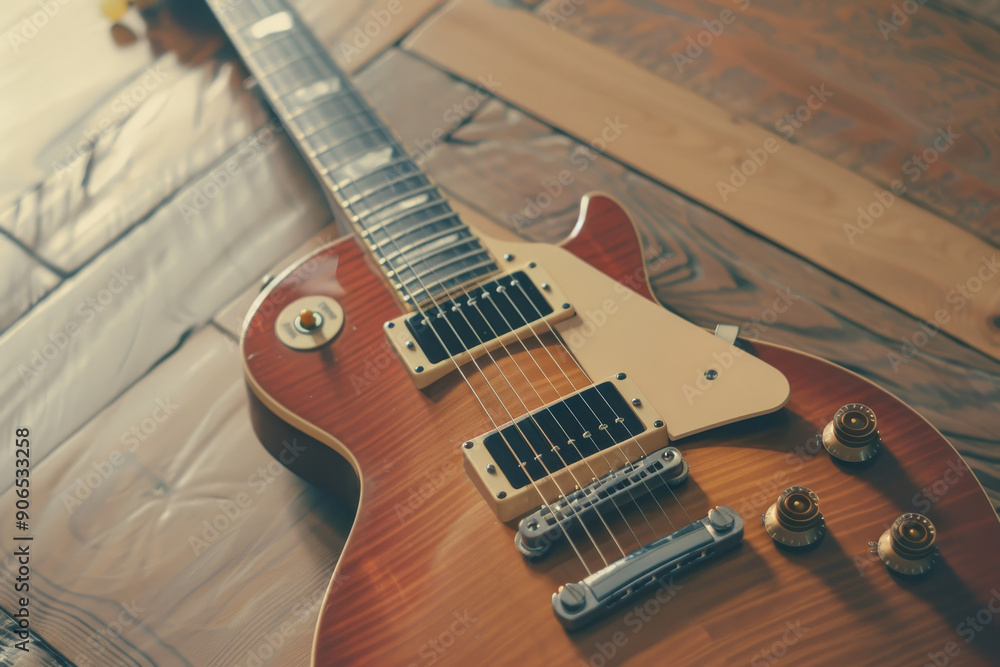 Obraz premium A wooden electric guitar rests gracefully on a hardwood floor, radiating vintage charm and musical allure.