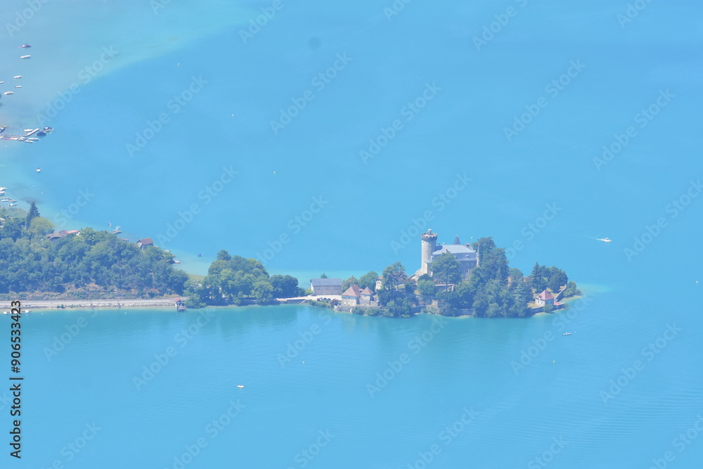 Naklejka premium France, illustration of mountains and lake in Haute Savoie in summer.