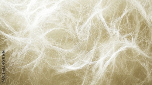 Abstract close-up of white intertwined fibers creating a delicate and intricate pattern on a soft, beige background.