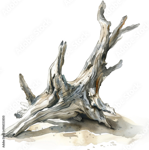 A large tree stump with a few branches sticking out of it. The stump is surrounded by a sandy area