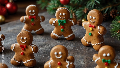  Six gingerbread men cookies on a gray surface, decorated with icing and colorful candies.