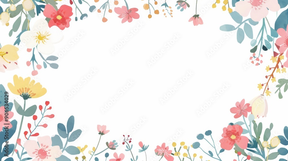Cute retro style vector illustration of a floral frame, with hand-drawn pastel tones and defined line art. It features a central white space and edges that mimic watercolor. Cute retro style vector illustration of a floral frame, with hand-drawn pastel tones and defined line art. It features a central white space and edges that mimic watercolor.