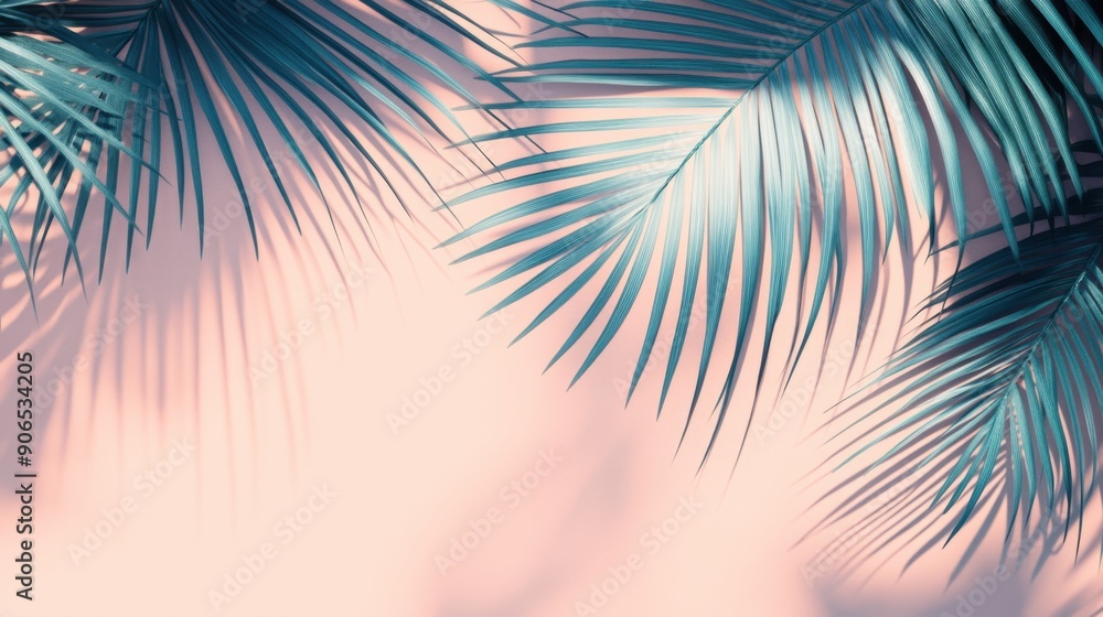 Fototapeta premium Tropical palm leaves with a soft pink background, creating a relaxing and tropical atmosphere perfect for summer and vacation themes.