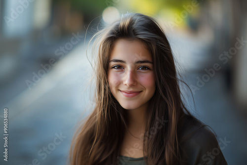 Jeune fille avec de longs cheveux bruns souriant dans la rue