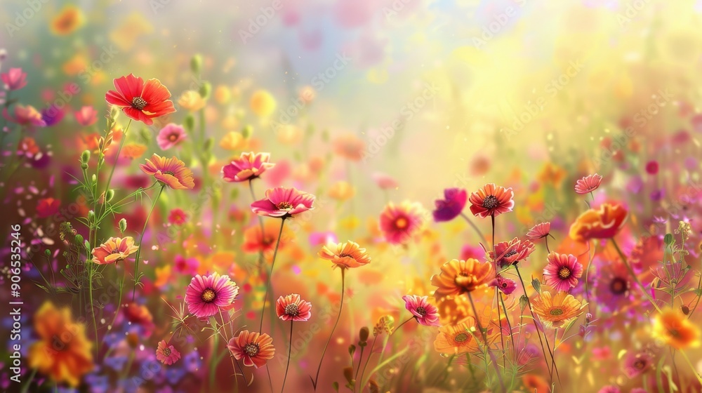 A vibrant flower background showcasing a field of wildflowers in full bloom, with a rainbow of colors including red, yellow, pink, and purple, creating a cheerful and lively scene, with a gentle A vibrant flower background showcasing a field of wildflowers in full bloom, with a rainbow of colors including red, yellow, pink, and purple, creating a cheerful and lively scene, with a gentle