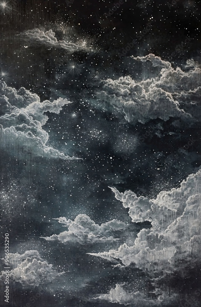 The black sky is full of stars, with some dark lines on the starry background forming an abstract shape that looks like clouds and water waves in space. The black sky is full of stars, with some dark lines on the starry background forming an abstract shape that looks like clouds and water waves in space.