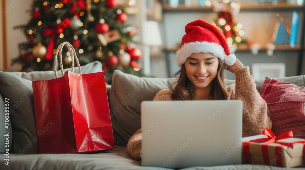 Beautiful female shopping online at home in Christmas holiday season Beautiful female shopping online at home in Christmas holiday season