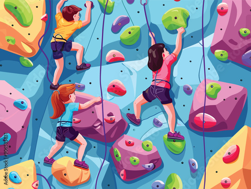 Children engage indoor rock climbing, colorful holds safety ropes. Young climbers practicing sport, activity, fitness illustration. Adventure, challenge concept, kids climbing wall, cartoon style