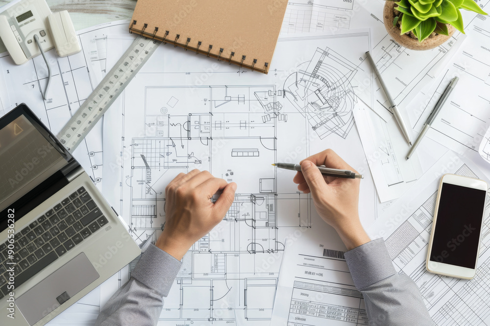 Hands busy drawing architecture plans, surrounded by blueprints, a laptop, ruler, and a notepad in a well-lit workspace. Hands busy drawing architecture plans, surrounded by blueprints, a laptop, ruler, and a notepad in a well-lit workspace.