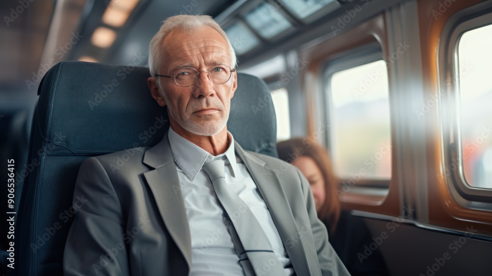 Senior businessman traveling in a first-class train compartment Close-up Senior businessman traveling in a first-class train compartment Close-up