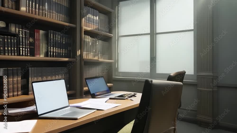 A quiet, private office space with a desk, bookshelves, and a large window. A quiet, private office space with a desk, bookshelves, and a large window.