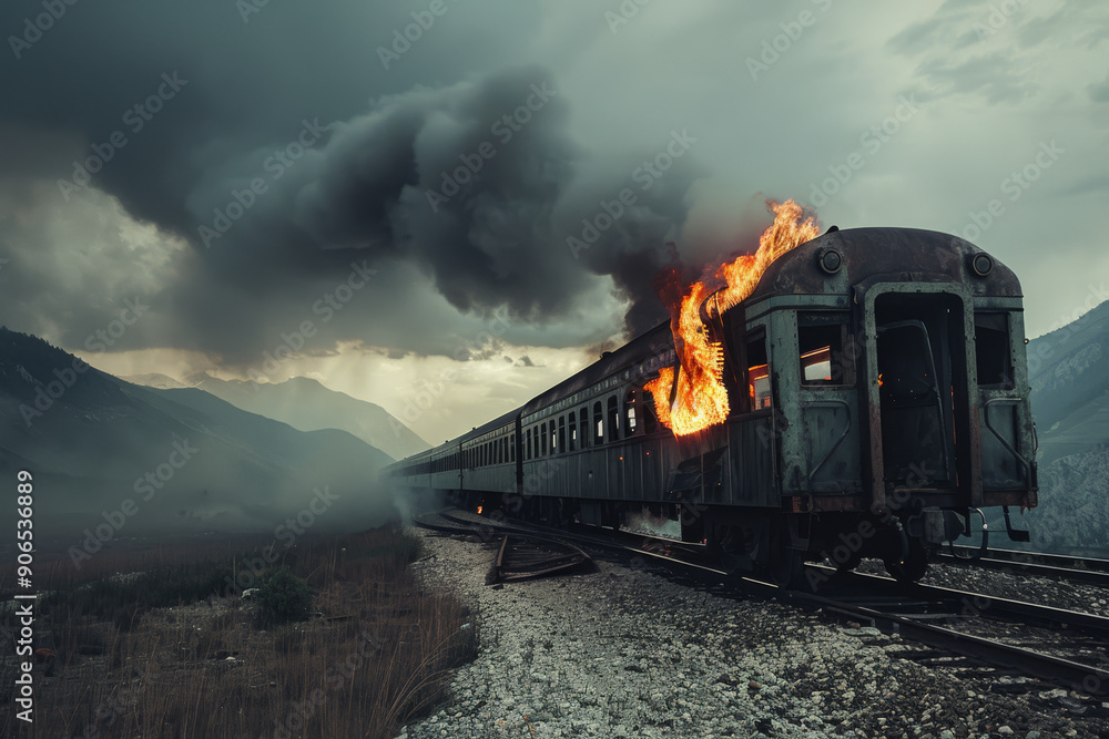 Naklejka premium A train car engulfed in flames races down the tracks under a stormy sky, exuding danger and urgency.