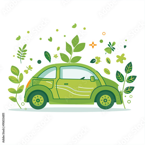 Ecofriendly green car surrounded leaves symbolizes sustainability. Electric vehicle concept promoting environmental protection plant elements. Cartoon style graphics clean energy automobile