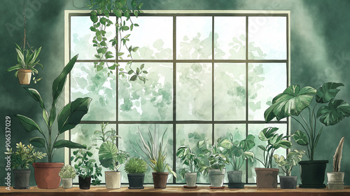 plant in window, window in the garden, interior of empty room, window with plants, greenery background