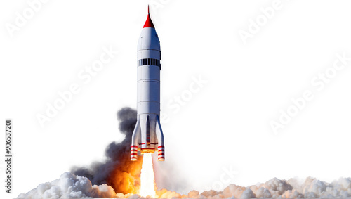 Rocket launch with fire and smoke trail isolated on white