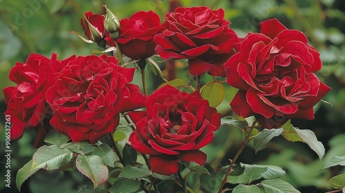 Climbing rose Don Juan with large red petals can grow singly or in a cluster photo