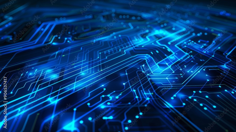 Blue neon light circuit board background featuring glowing digital lines and computer technology elements, perfect for electronic network concepts with copy space for text. Blue neon light circuit board background featuring glowing digital lines and computer technology elements, perfect for electronic network concepts with copy space for text.