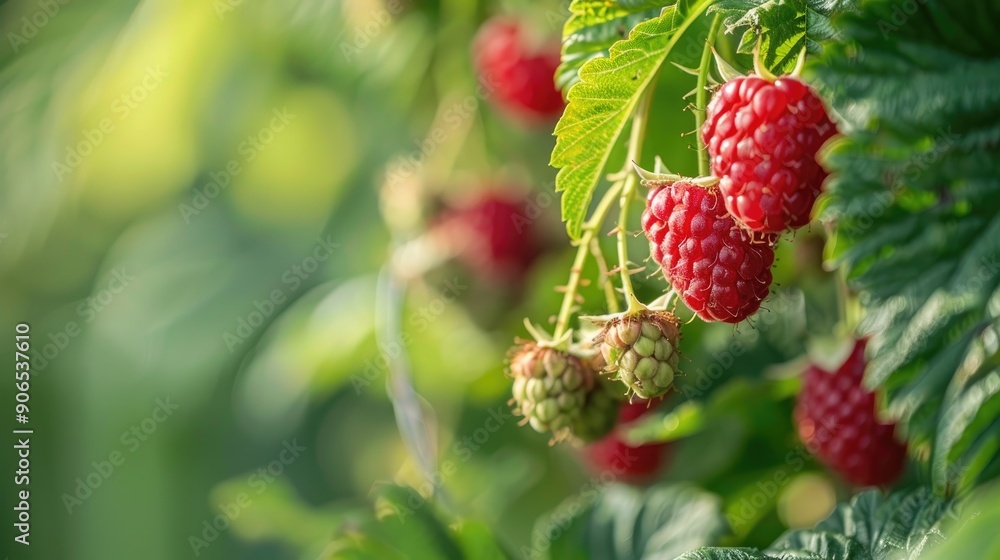 Close up of raspberry fruit growing on green background Close up of raspberry fruit growing on green background