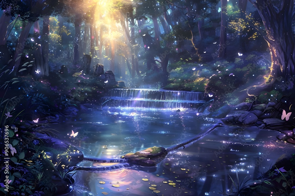 Enchanted Forest with Waterfall and Butterflies Enchanted Forest with Waterfall and Butterflies