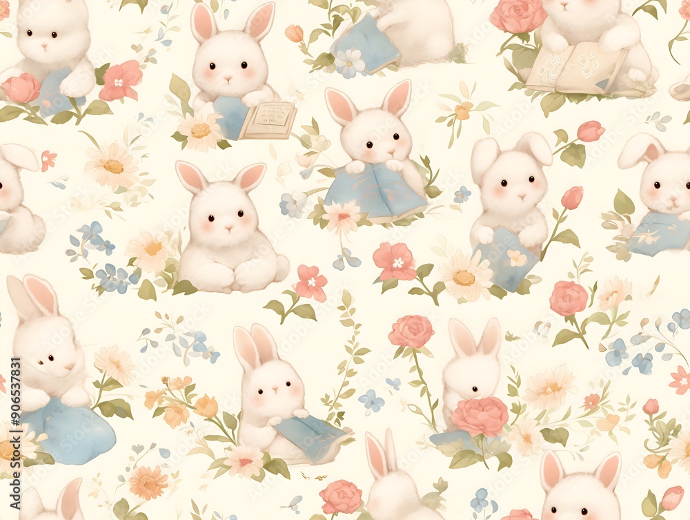 Cute and elegant bunny reading a book seamless pattern Cute and elegant bunny reading a book seamless pattern