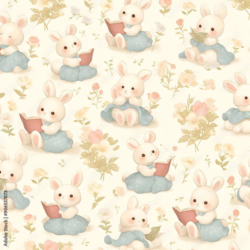 Obraz premium Cute and elegant bunny reading a book seamless pattern