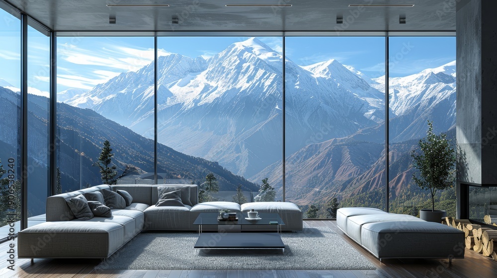 Fototapeta premium Modern living room with floor-to-ceiling windows showcasing a breathtaking mountain view.