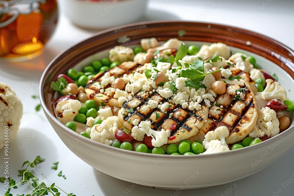 Grilled halloumi cheese salad with peas, beans, and hummus Grilled halloumi cheese salad with peas, beans, and hummus