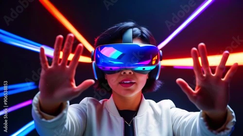 A person wearing a VR headset with colorful lights, reaching out with their hands. photo