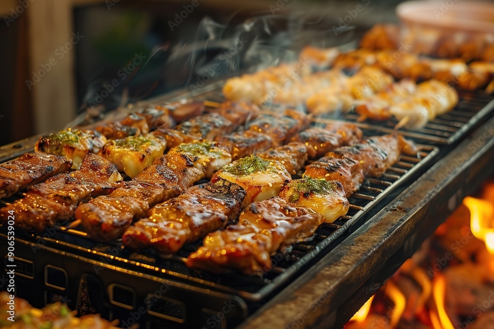 Grilled meat and corn over flames on BBQ grill Grilled meat and corn over flames on BBQ grill