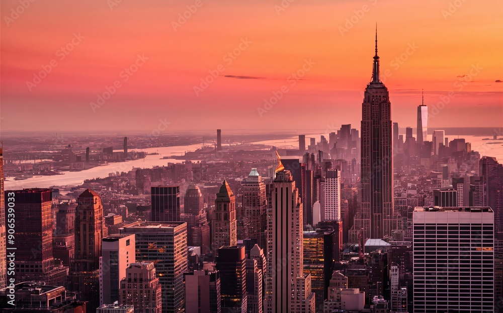 Naklejka premium New York City Manhattan downtown skyline panorama at sunset with skyscrapers.