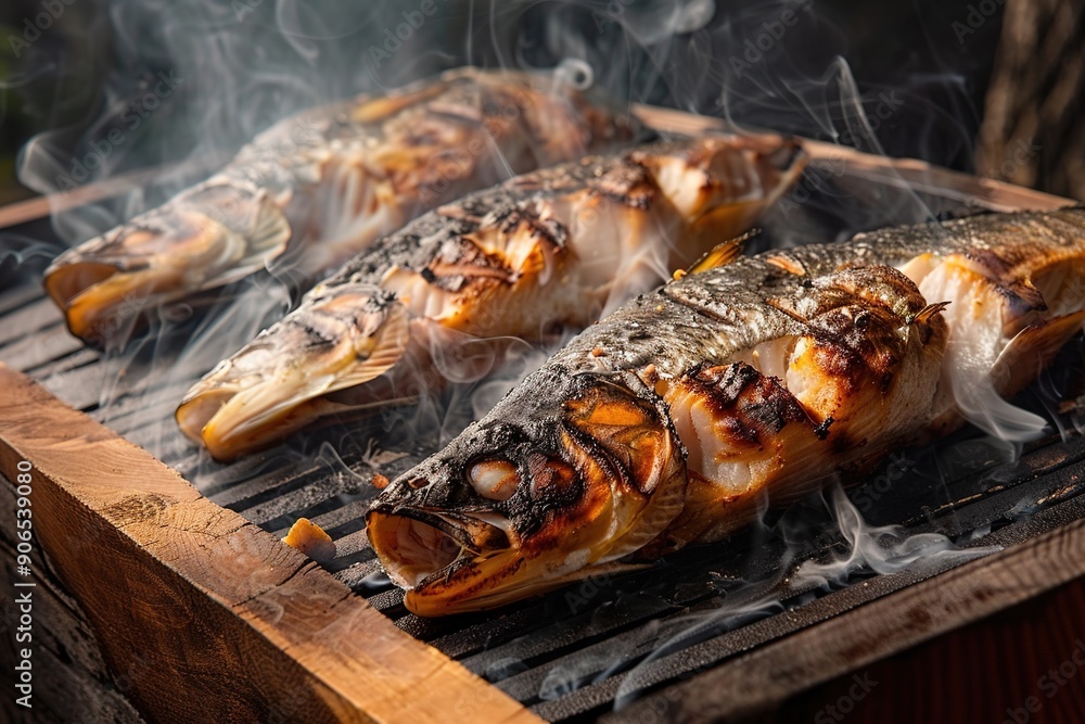 Grilled fish on smoky barbeque with charred texture Grilled fish on smoky barbeque with charred texture