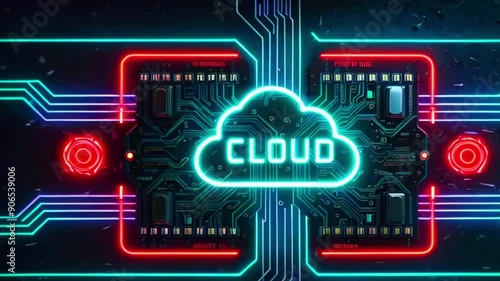 This video shows a cloud computing symbol on a circuit board with glowing lines. photo