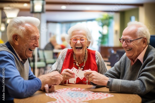 Joyful group of seniors playing cards and sharing laughter in a retirement nursing home, camaraderie and enjoyment create a warm and lively atmosphere in the community living space