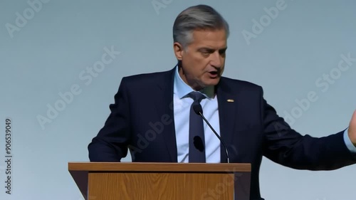 A business executive giving a speech from a podiu photo