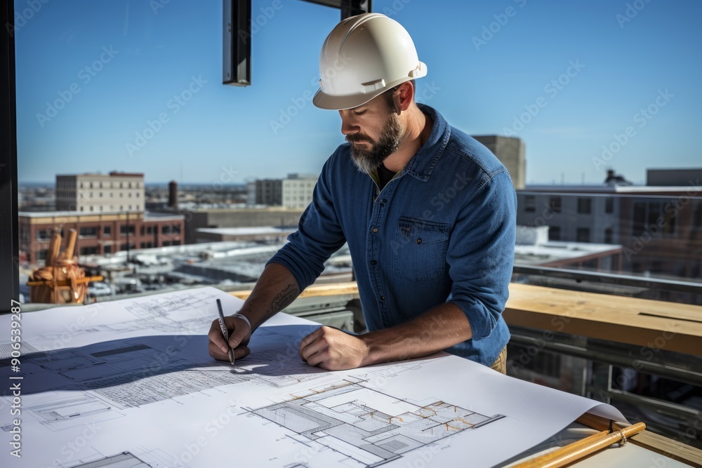 An architect scrutinizes building plans on a rooftop, overseeing an outdoor construction project, reflecting expertise and commitment to design excellence An architect scrutinizes building plans on a rooftop, overseeing an outdoor construction project, reflecting expertise and commitment to design excellence